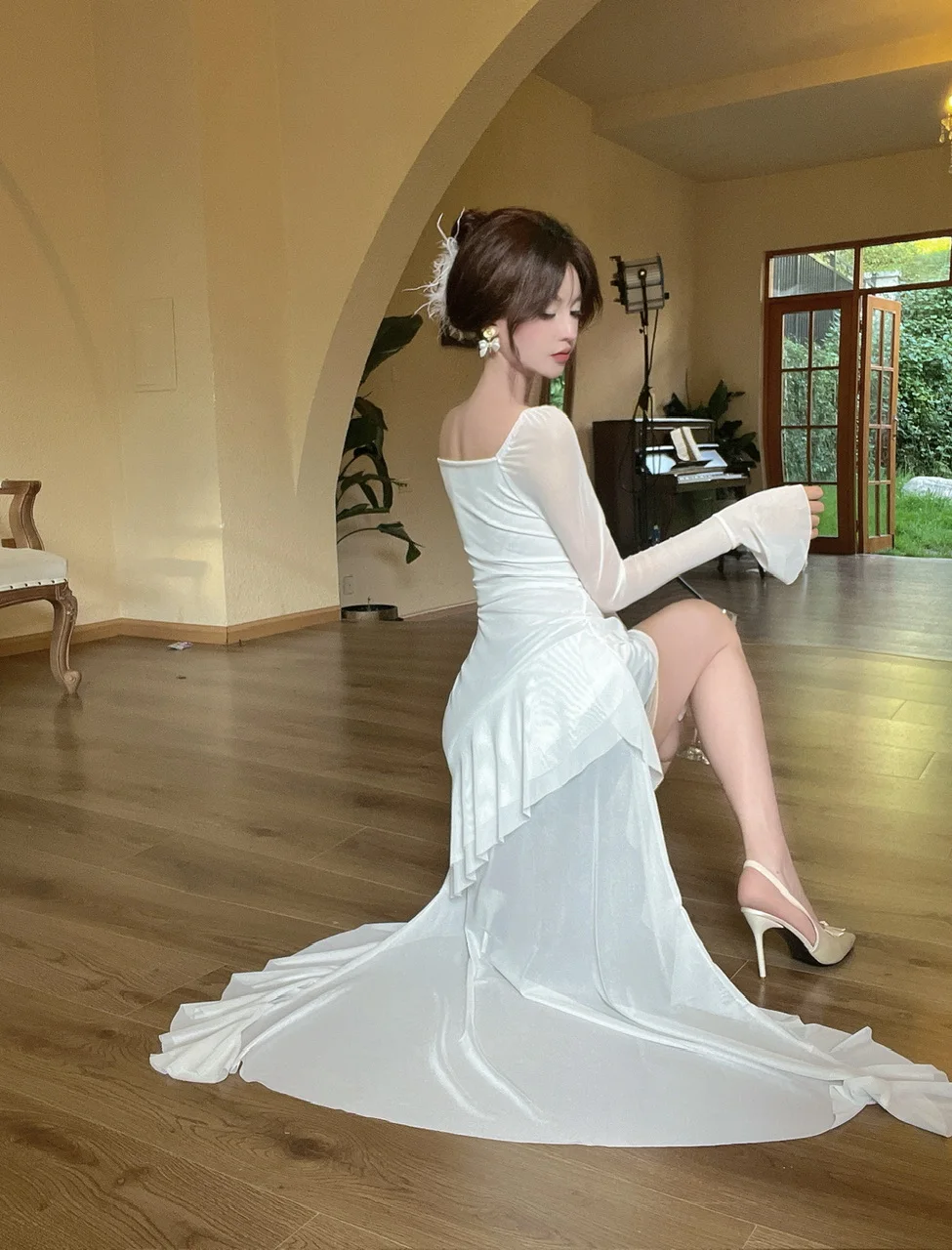 Vestido de fiesta de noche irregular Y2K de malla de manga larga con cuello cuadrado y volantes, corte en A, sexy, moda coreana