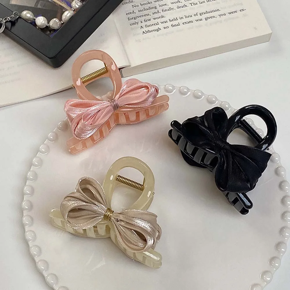 

Korean Style Satin Bow Hair Claw Bowknot Double Side Acrylic Hair Clip Crab Clips Solid Color Satin Bowknot Shark Clip Party