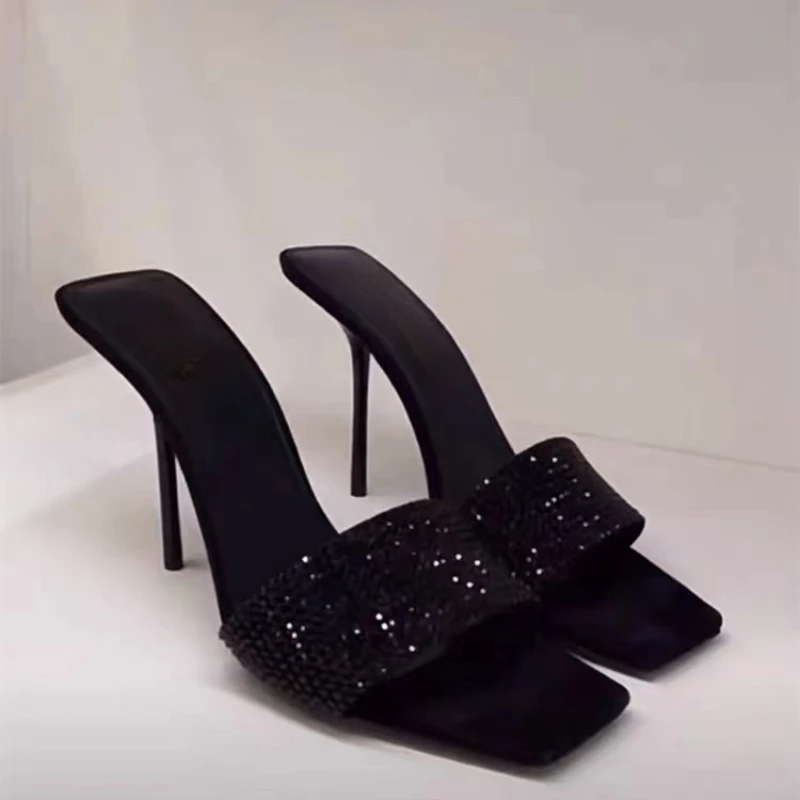 2024 Summer New Yang Shulin Same Style Square Headed Black rhinestone with Sandals Slim Heels High Heel Sandals for Women
