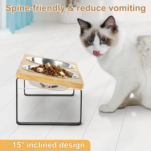 Tall cat bowl rack stainless steel double bowl wrought iron solid wood bamboo cat food bowl small dog rice bowl 6