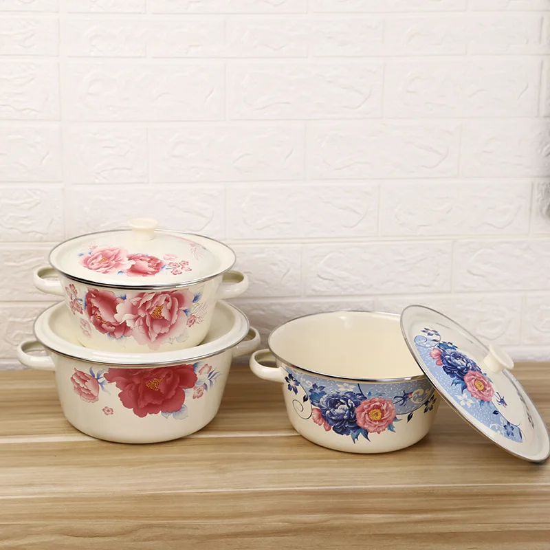Household Thickened Enamel Soup Pot with Ears and Lid Vintage Bowls Basin Classic Enamel Cake Vegetable Container Tableware enamel tableware