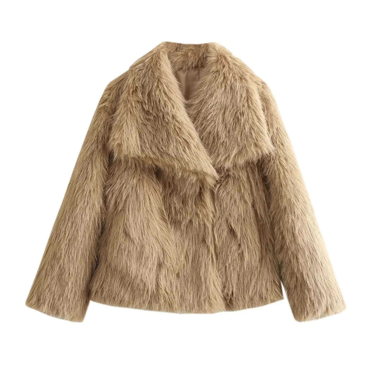 HH TRAF Chaqueta holgada de piel sintética a la moda para mujer, elegante abrigo de felpa de manga larga con abertura frontal, abrigo informal de gran tamaño con solapa para mujer