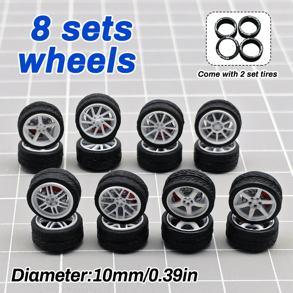 1/64 Model Car Wheels Tires 8 Sets Rims 2Sets Rubber Tires with Brake Disc 10mm for MINI GT Hot Wheels Toy Car Accessories