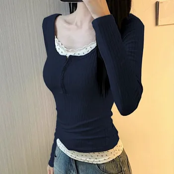 Women Streetwear Fake Two Pieces Long Sleeve T-shirt Floral Lace Trim Casual Slim Fit Tees Female Autumn Winter Bottoming Top 1