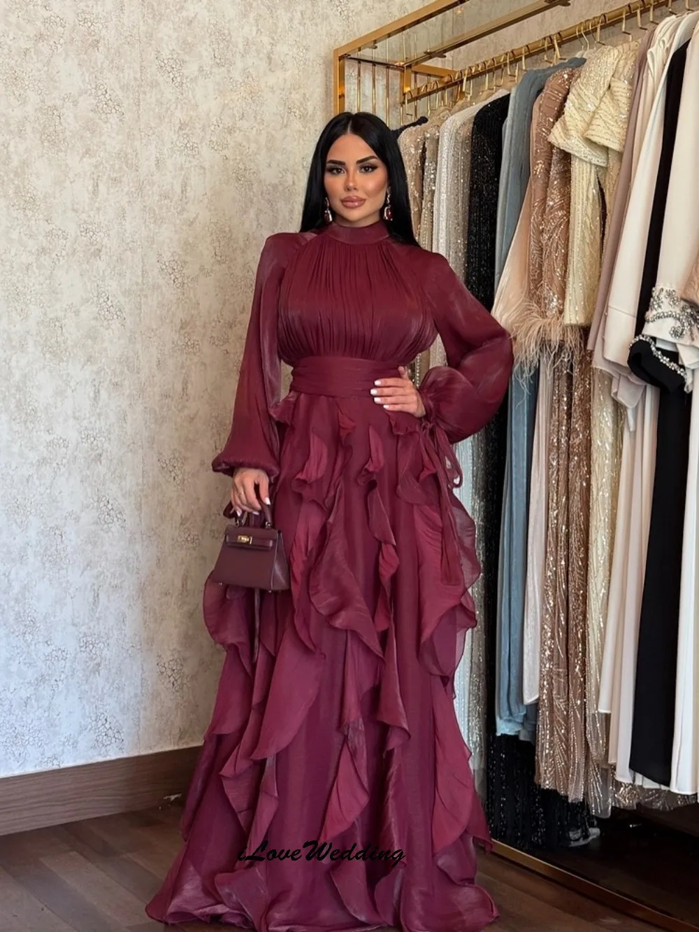 Robe de bal personnalisée à col haut, manches longues, élégante, robe de soirée de mariage, ligne a, volants, plissée, robes formelles, longueur au sol, 2025