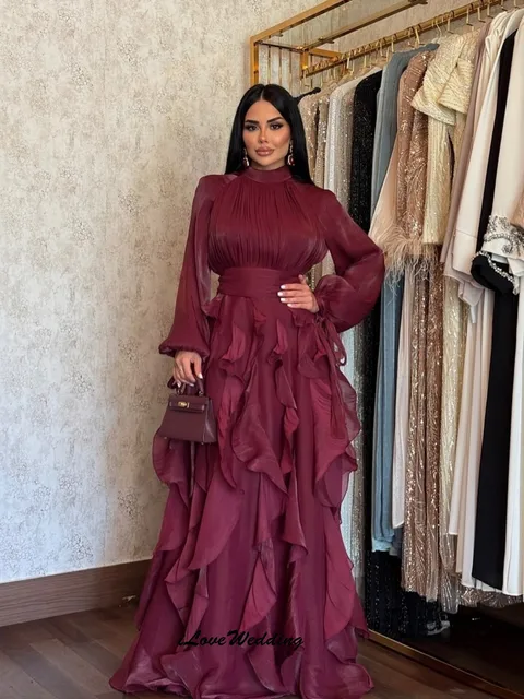 Customized High Neck Prom Dress 2025 Long Sleeve Elegant Wedding Party Dress A-Line Ruffles Pleated Formal Gowns Floor Length