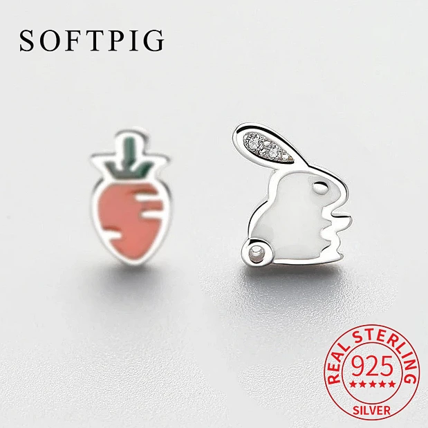 SOFTPIG Real 925 Sterling Silver Asymmetrical Enamel Rabbit Radish Stud Earrings For Women Party Fine Jewelry Cute Bijoux