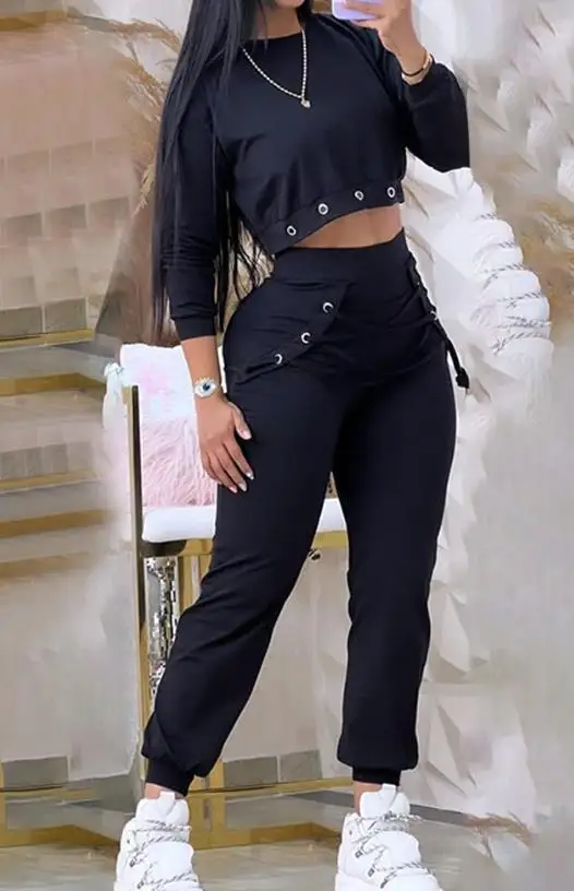 Eyelet Sweatshirt and Lace Up Flapped Sweatpants Set 2023 New Hot Selling Fashion Women's Wear Exquisite Design 2023 new fashion temperament commuting basic versatility casual high waist daily vocation eyelet lace up skinny jeans for women