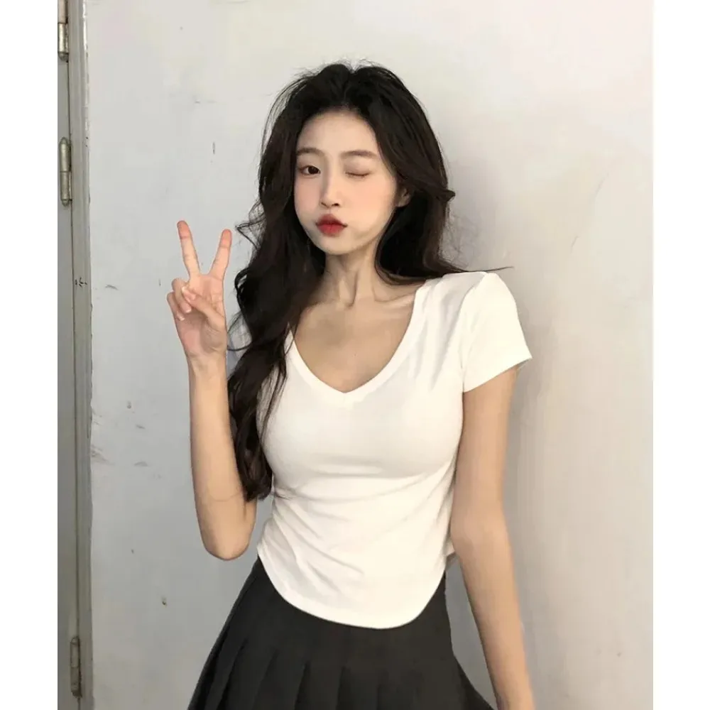 Sexy V-neck Short Sleeve T-shirts for Women Summer New Tees Top Black White Basic Tshirt Y2K Korean Style Women's Clothes 2024 - Image 3