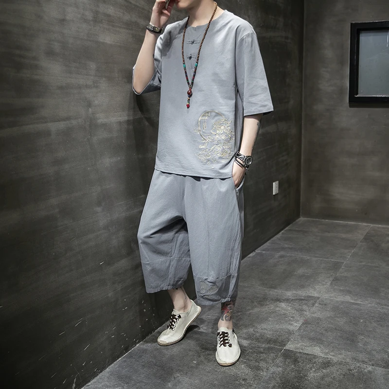 

Linen Embroidery Hanfu Sinicism Sets Male Traditional Tang Kung Fu Taichi Mid-sleeved Top Ninth Pants Summer Men Cotton Clothing