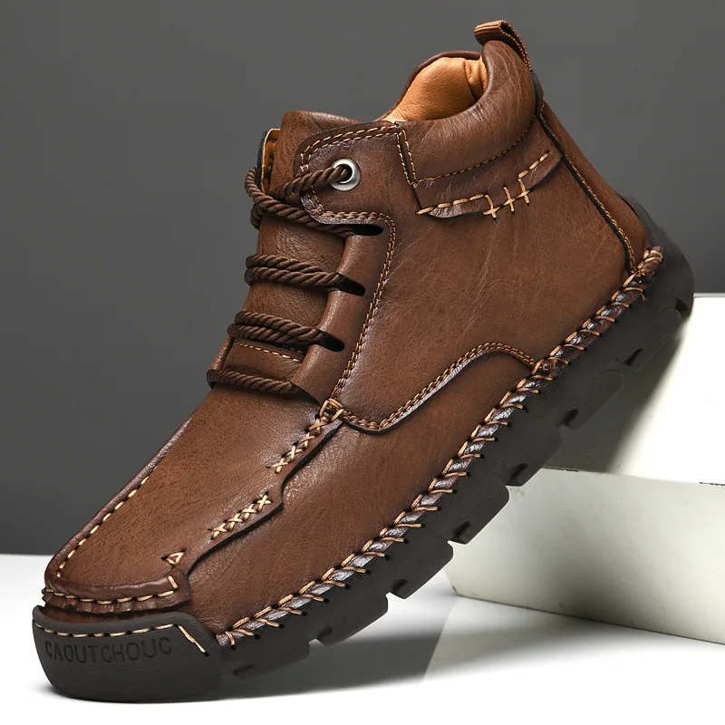 Men's PU Leather Lace-up Sneakers - Casual Walking Shoes Boots - Comfortable And Breathable