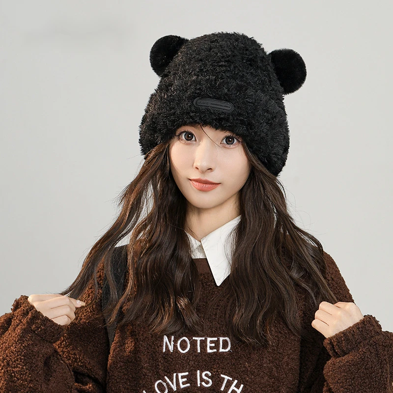 Sweet and Cute Bear Ear Knitted Hat for Children's Autumn and Winter Thickened Versatile Warmth Soft Glutinous Plush Ear Protection Cap_voghion.com