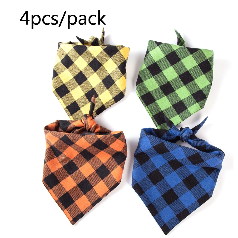 

4Pcs/Pack 100% Cotton Breathable Reversible Buffalo Plaid Dog Bandana Pet Scarf for Puppies Medium Dogs Pet Costume