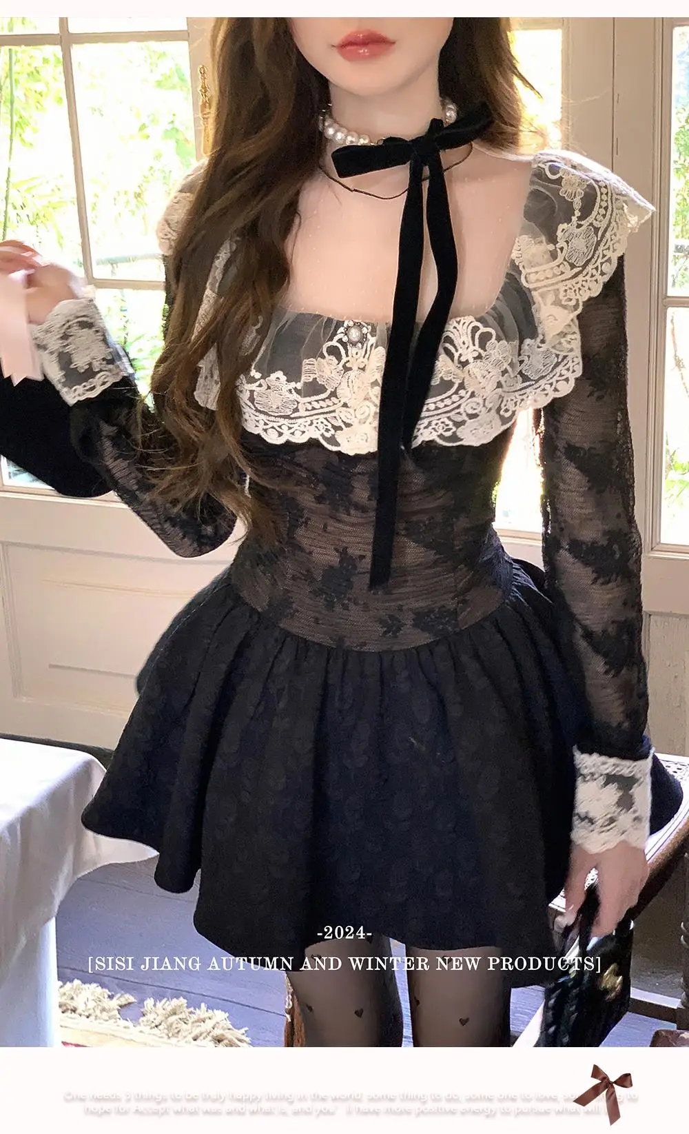 French Black Short Dresses for Women Lace Patchwork Long Sleeve A-line Birthday Party Dress Korean Fashion Mini Vestidos New