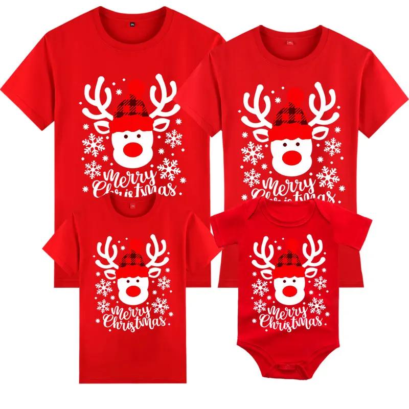 Christmas Reindeer Family Matching Clothes Mother Father Daughter Son Kid Baby T-shirt RedChristmas Family New Year Party Gift