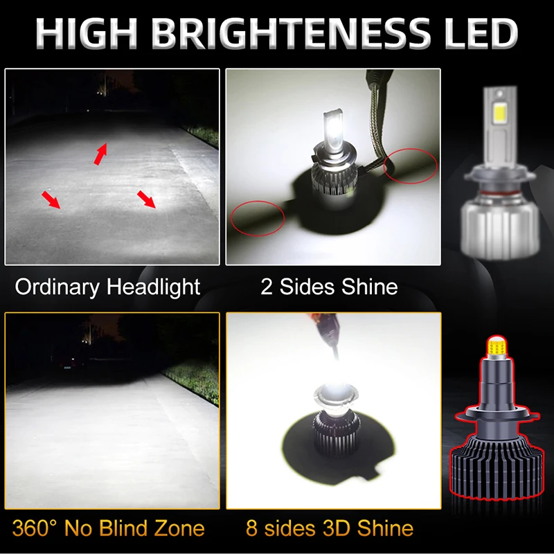 6000W 6000000LM H1 LED 360 H7 자동차 헤드라이트 H11 H8 H9 9005 HB3 9006 HB4 9012 HIR2 라이트 캔버스 24PCS CSP 6000K 렌즈용 램프