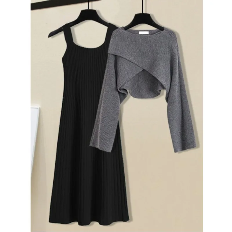 

Winter Knitted Two Pieces Sets Womens Outfits Korean Casual Irregular Long Sleeve Short Sweaters and Knitting Dresses Sets N427