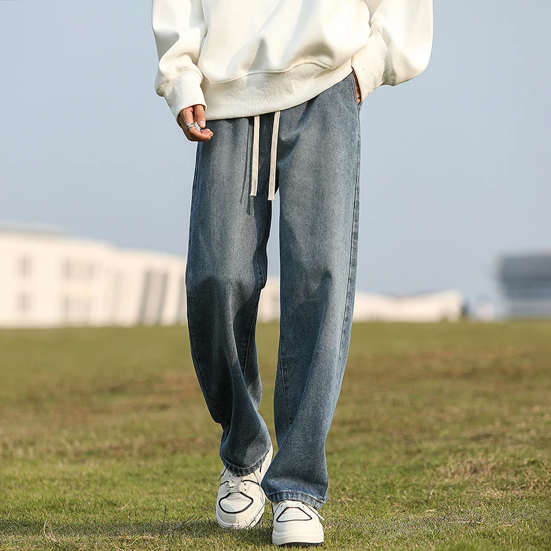 High Waisted Elastic Pockets Drawstring Solid Color Loose Fitting Men's Autumn and Winter Casual Versatile Wide Leg Casual Pants