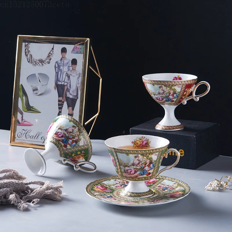200ML 북유럽 세라믹 커피 컵 세트 레트로 오후 차 홍차 컵 접시 세트 골드 스레드 세라믹 커피 머그잔 새로운 홈 선물