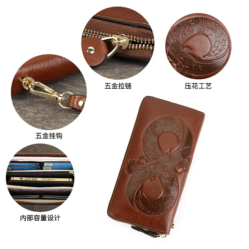 Vintage Genuine Leather Woman money clips Floral Real Cow Leather Purse Ladies First Layer Cowhide Women's clutches