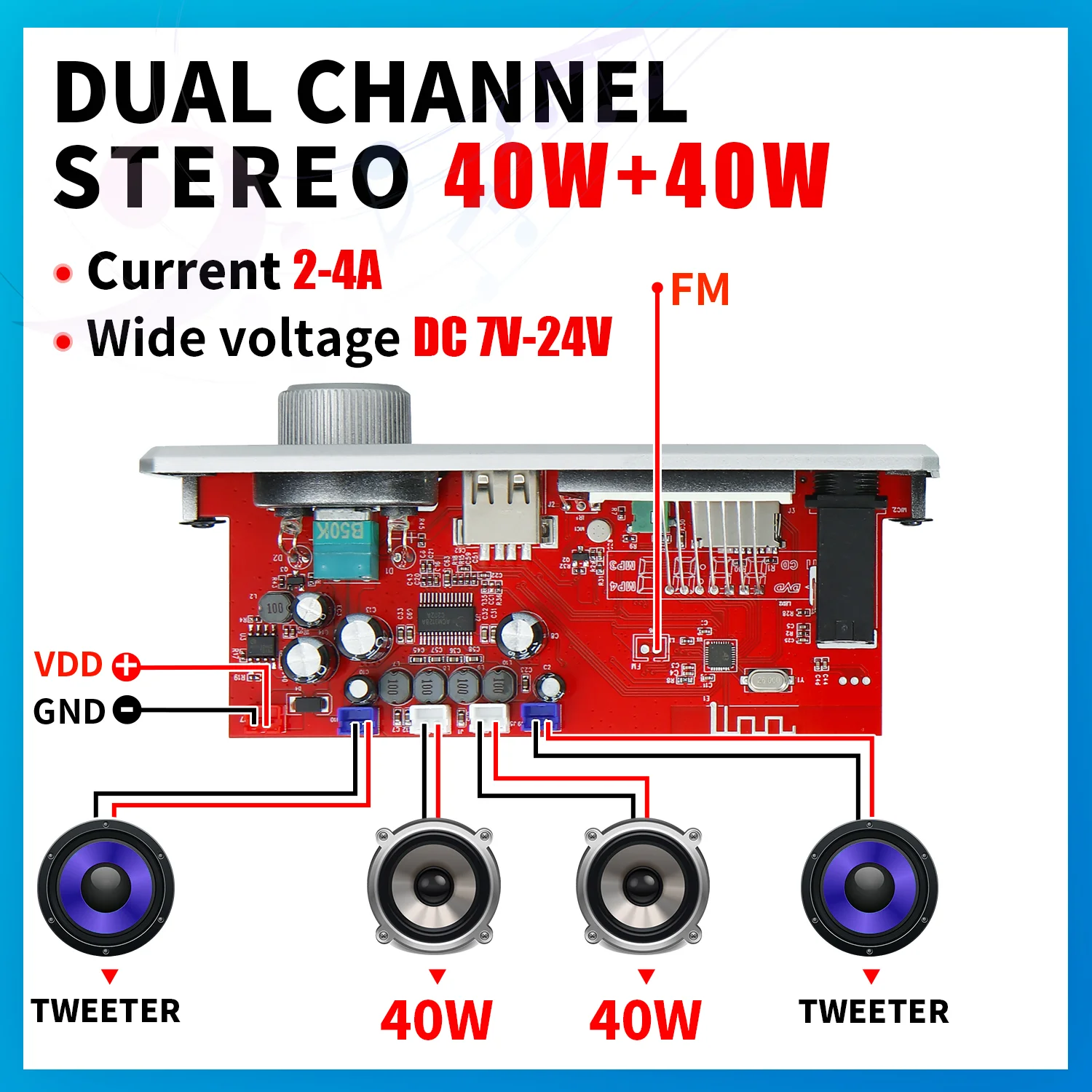 블루투스 디코더 보드 마이크 FM 라디오 TF USB 자동차 오디오 음악 플레이어 스피커, 볼륨 조절 DIY, 40W 앰프, DC 12V, 6.5mm
