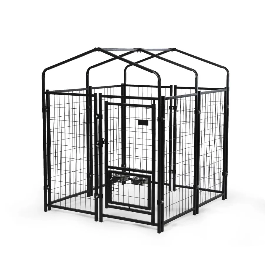Heavy Duty Dog House Pen with Roof Reversible Feeding Door Stainless Steel Bowls Fence Cage Small to Large Dogs Kennel Outdoor