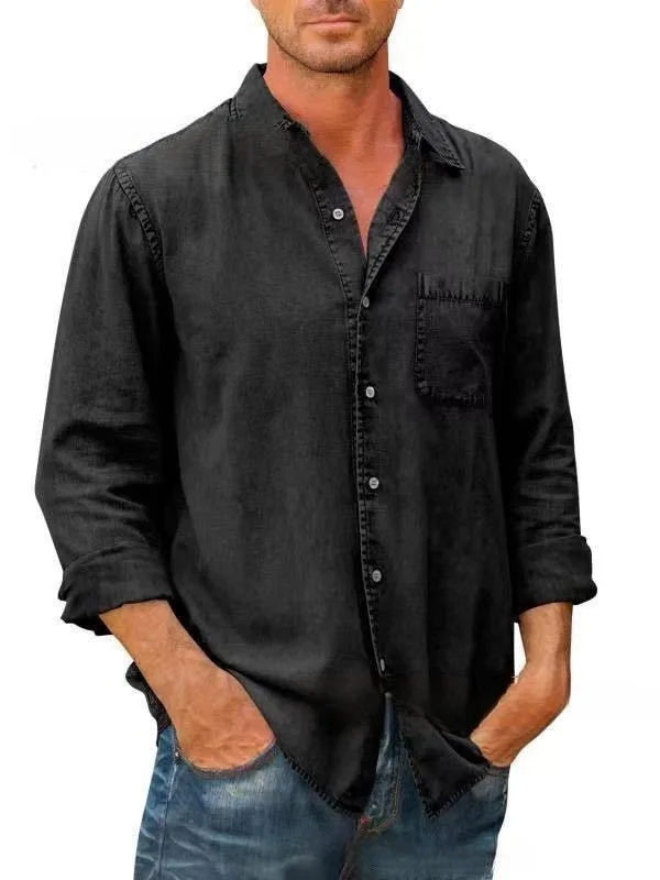 Spring Autumn Men Shirts Cotton Denim Long Sleeve Casual Solid Color Laple Shirt Mens Fashion Vintage Jeans Shirt Tops