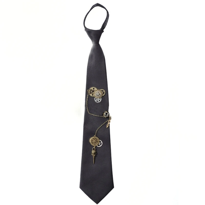 

Punk Neck Tie Steampunk Gears Chain Pre-Tied Zipper Necktie Costume Accessory
