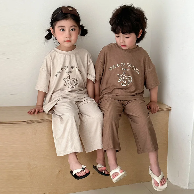 2025 Summer Kids Sleepwears Set Boys Cute Starfish Letter Home Suit Cotton Soft Children Girls Thin Pajamas Loungewears 3