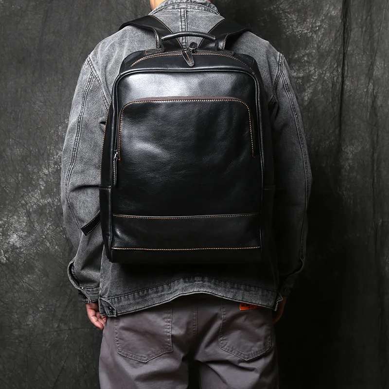 NZPJ Retro Genuine Leather Men's Backpack Top Layer Cowhide Fashion Travel Bag Casual Backpack Large Capacity  Computer Bag