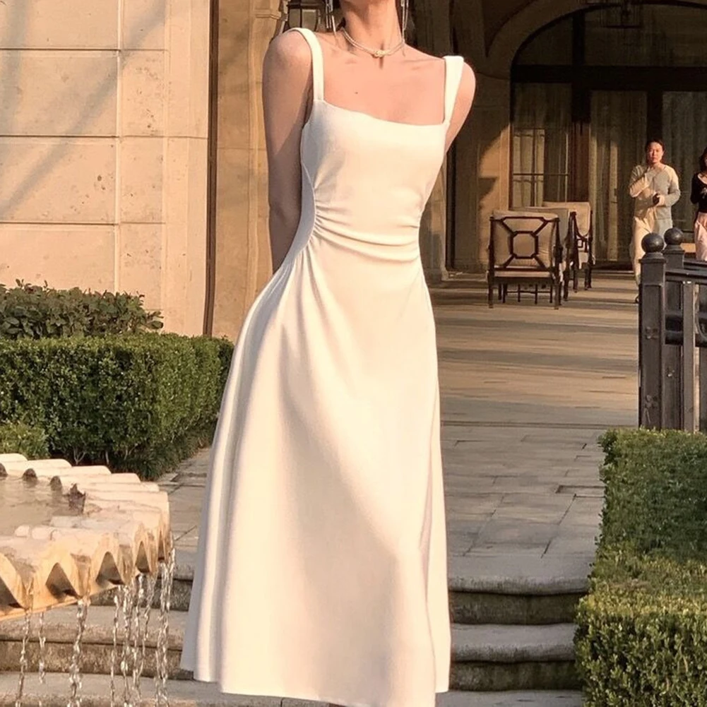 

Women Dress Collar Mid-length Elegant Square A-line French Waist Niche Design Polyester Slim-fit Suspender Dress