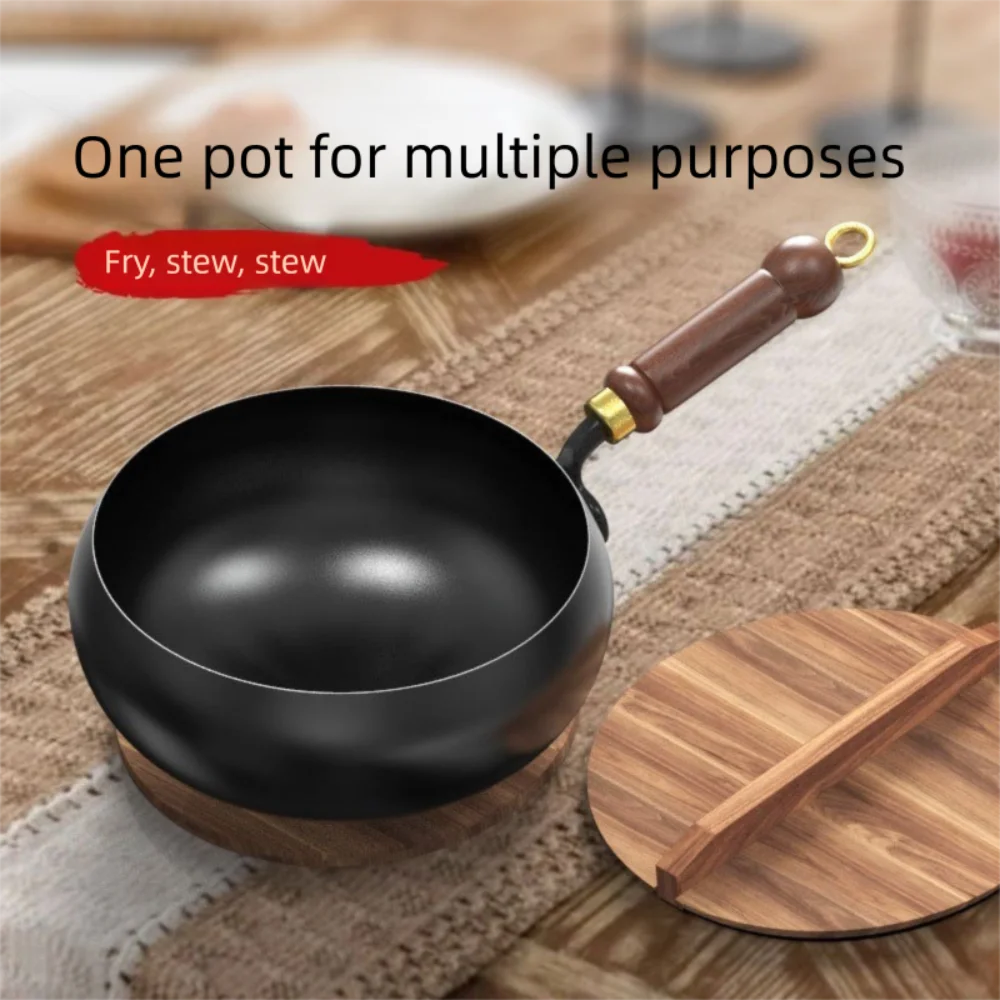 Healthy Hand Forging Cast Iron Pot with Wooden Lid Uncoated Big Belly Pot Skillet NonStick Chinese Wok Induction Cooker Gas