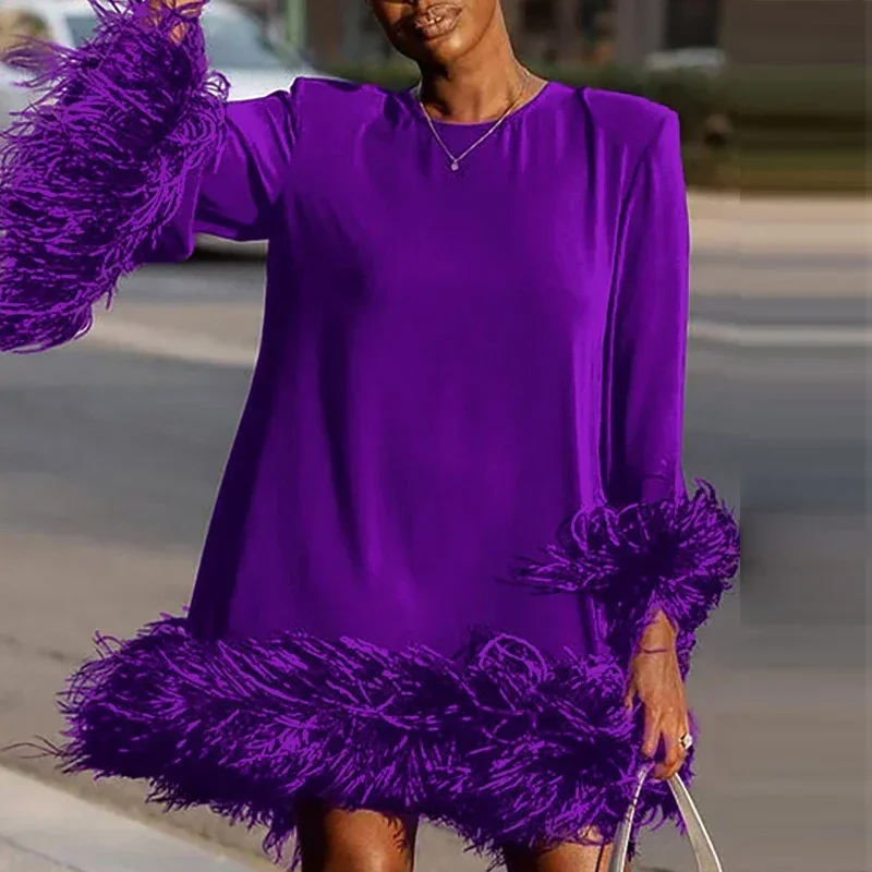 

Winter Flare Sleeve Femme Pullover Dress Trendy Sexy Patchwork Feather Women Evening Dress Fall Elegant O-neck A-Line Mini Dress