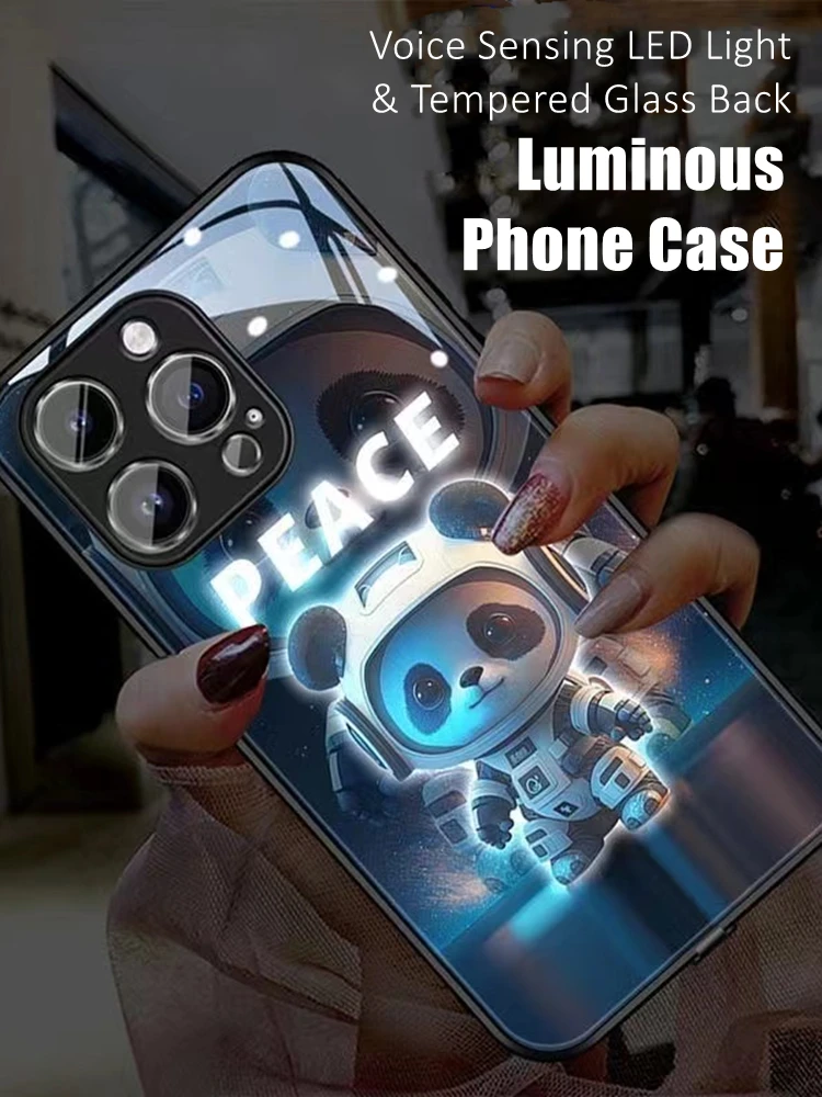 

Couples Astronaut Panda LED Light Glowing Luminous Tempered Glass Phone Case for iPhone 11 12 13 14 X Xs Xr Mini Pro Max Plus