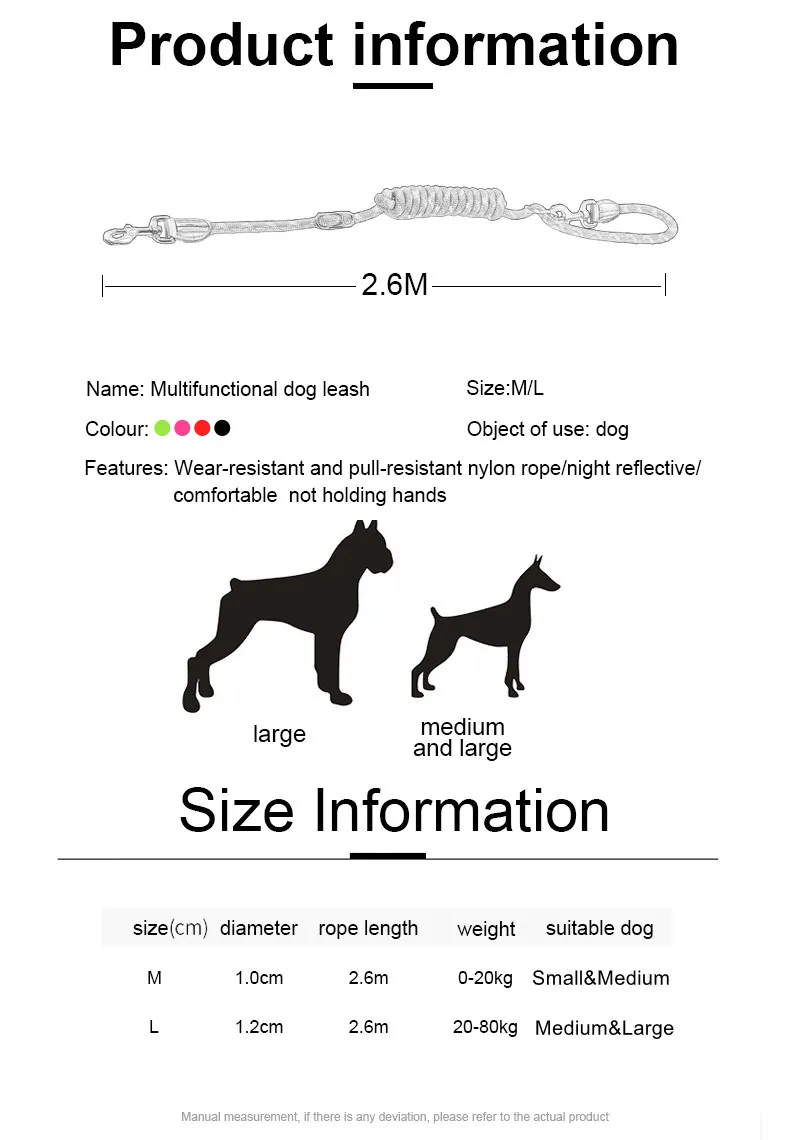 2.6M Hands Free Dog Slip Leash for Running Multifunctional Dog Training Leads Nylon Double Leash for Puppy Small & Large Dogs