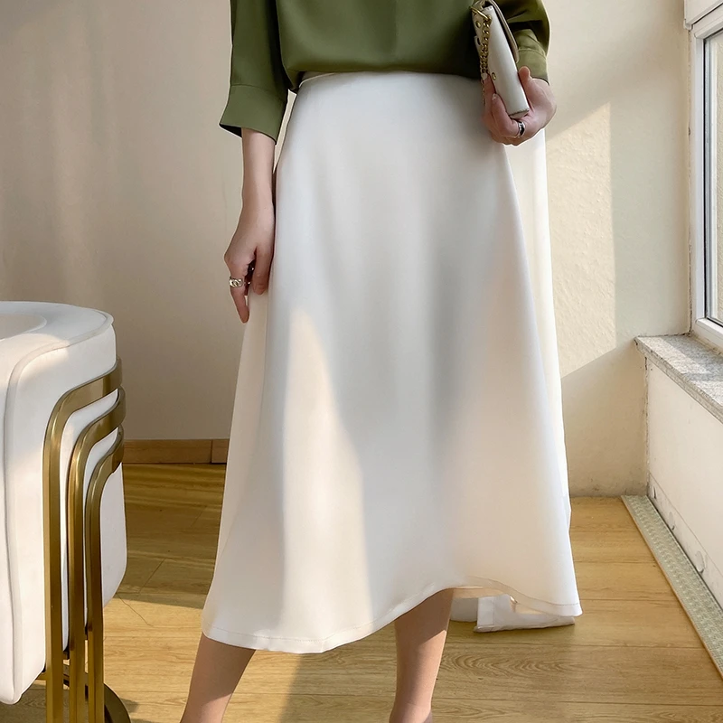 

Smooth Satin Half Skirt Women's New High-waisted A-line Mid-length Summer Fashion Solid Color Matching Maxi Skirt