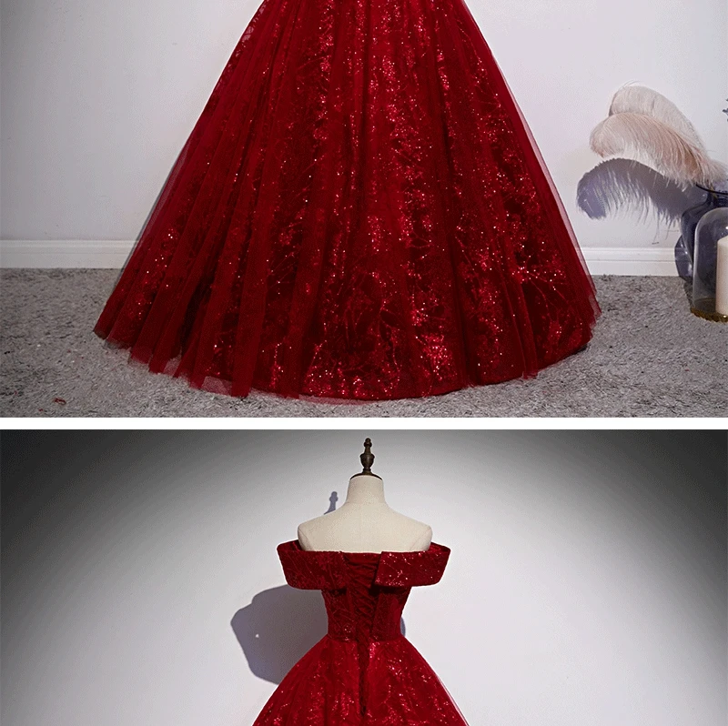 Rotes Abendkleid 2023 neu schulter frei klassisches elegantes Ballkleid ärmellose Pailletten Tüll Bankett Shinn ing Host Vestidos – Detail 6