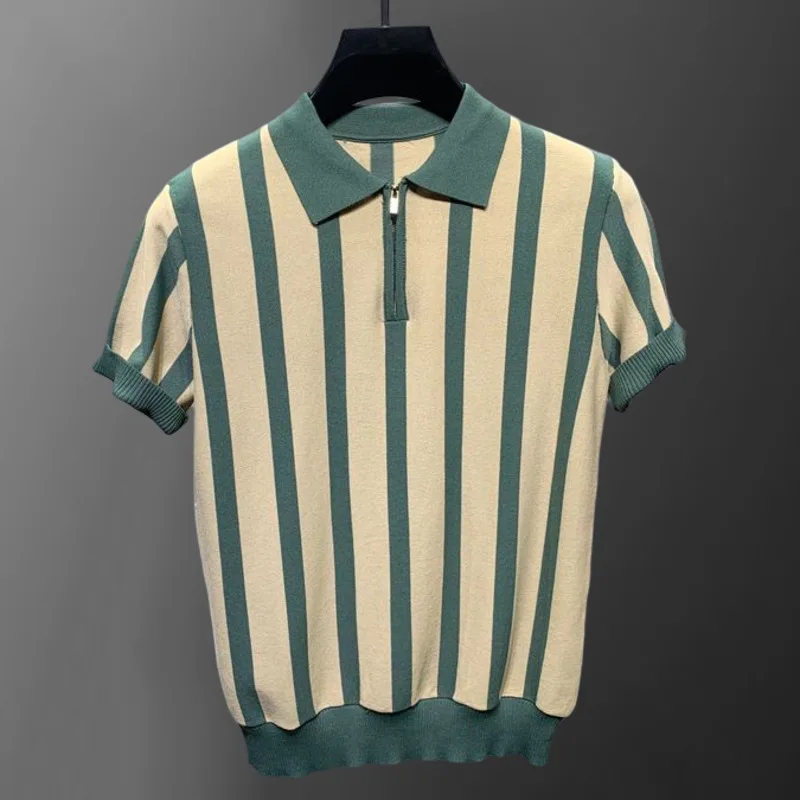 

Summer Zipper Knit Lapel T-shirt Polo 2023 Contrasting Stripes Casual Slim Lapel Polo Men's Shirt Mannen Polo Camisa Hombre