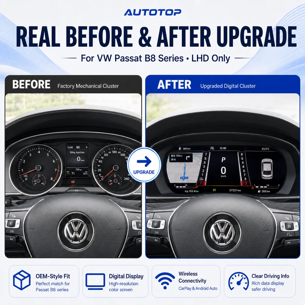 Panel de Instrumentos Digital Linux AUTOTOP de 12.3 Pulgadas para Volkswagen VW Passat B8/Magotan B8/CC/Arteon/Passat Variant 2015-2023, Actualización de Tablero LCD Virtual Cockpit, Compatible con CarPlay Inalámbrico, Android Auto, AirPlay, AutoLink, Plug & Play, Navegación GPS 1