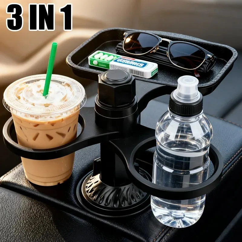 3 in 1 Car Cup Holder Tray Expander Detachable Food Table Tray with Solid Base-Road Trip Essentials Auto Accessories Gadgets