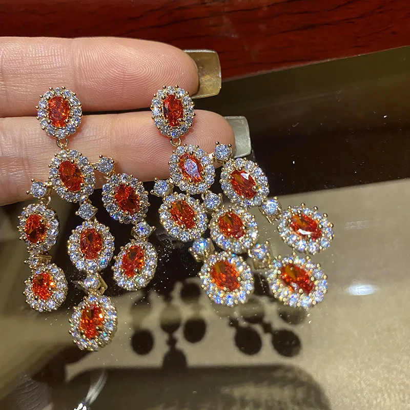 

2023 Women Vintage Luxury Red Tassel Zircon Long Full Diamond Earrings