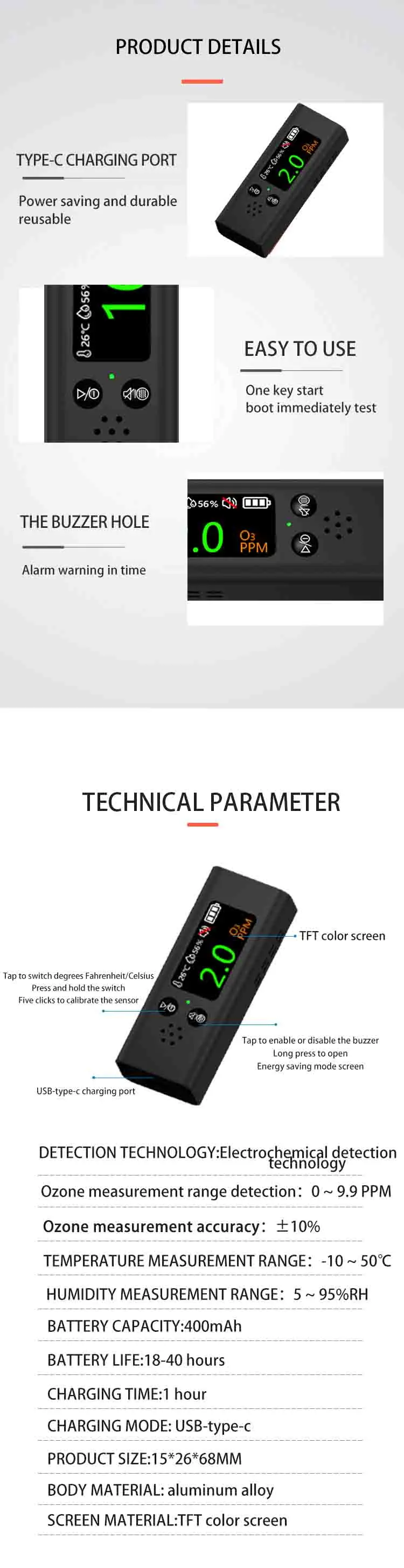 Ozone Gas Detector 3-in-1 O3 Gas/Temperature/Humidity Tester Air Quality Househo