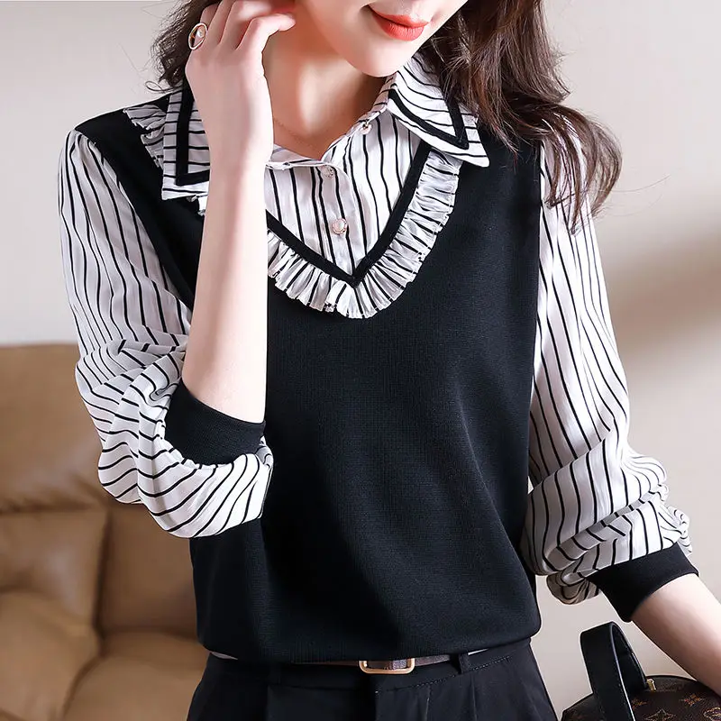 Women's Fake Two Piece Pullover Striped Polo Neck Button 2023 Spring and Autumn Long Sleeve Folds Patchwork Casual Shirt Tops