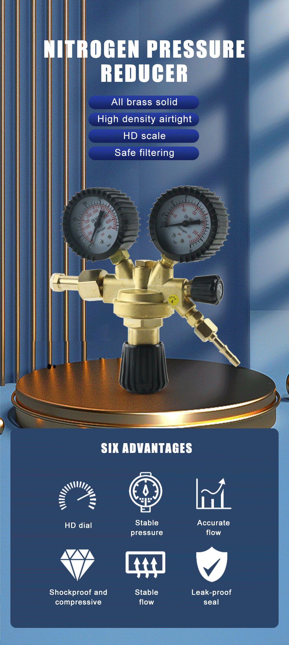 Description Picture 2 of itemBrass Nitrogen Regulator 0-4500PSI Gas Pressure Reducing Valve Connection Gauges MAG / MIG Welding W21.8 Thread