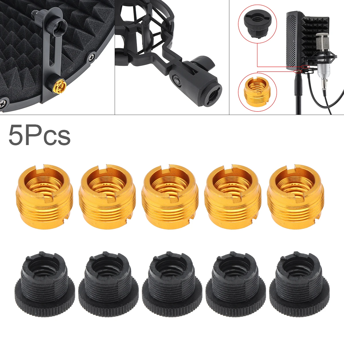 5Pcs 3/8 Female to 5/8 Male Screw Adapter Converter for Mic Stand Holder Adapter Gold Black Accessories