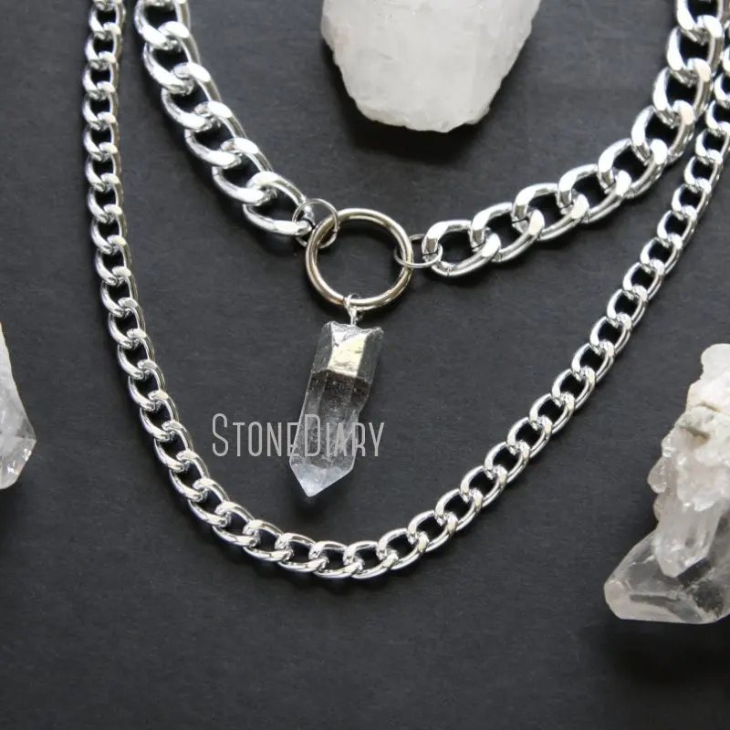 

NM43745 Silver Plated Clear Quartz Choker Statement Necklace Chunky Link Chain Crystal Layered