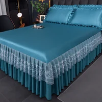 New 3 Pcs/set Modern Royal Blue Bedspread Cool Bed Skirt Machine Washable Sheets Bed Skirt with Elastic Band for Queen King Size 3