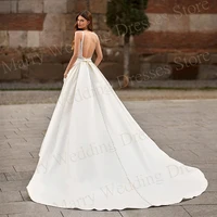 Modern Stain Square Collar Wedding Dresses A Line Applique Lace Bride Gown With Pockets Backless Sleeveless For Women Customized 2