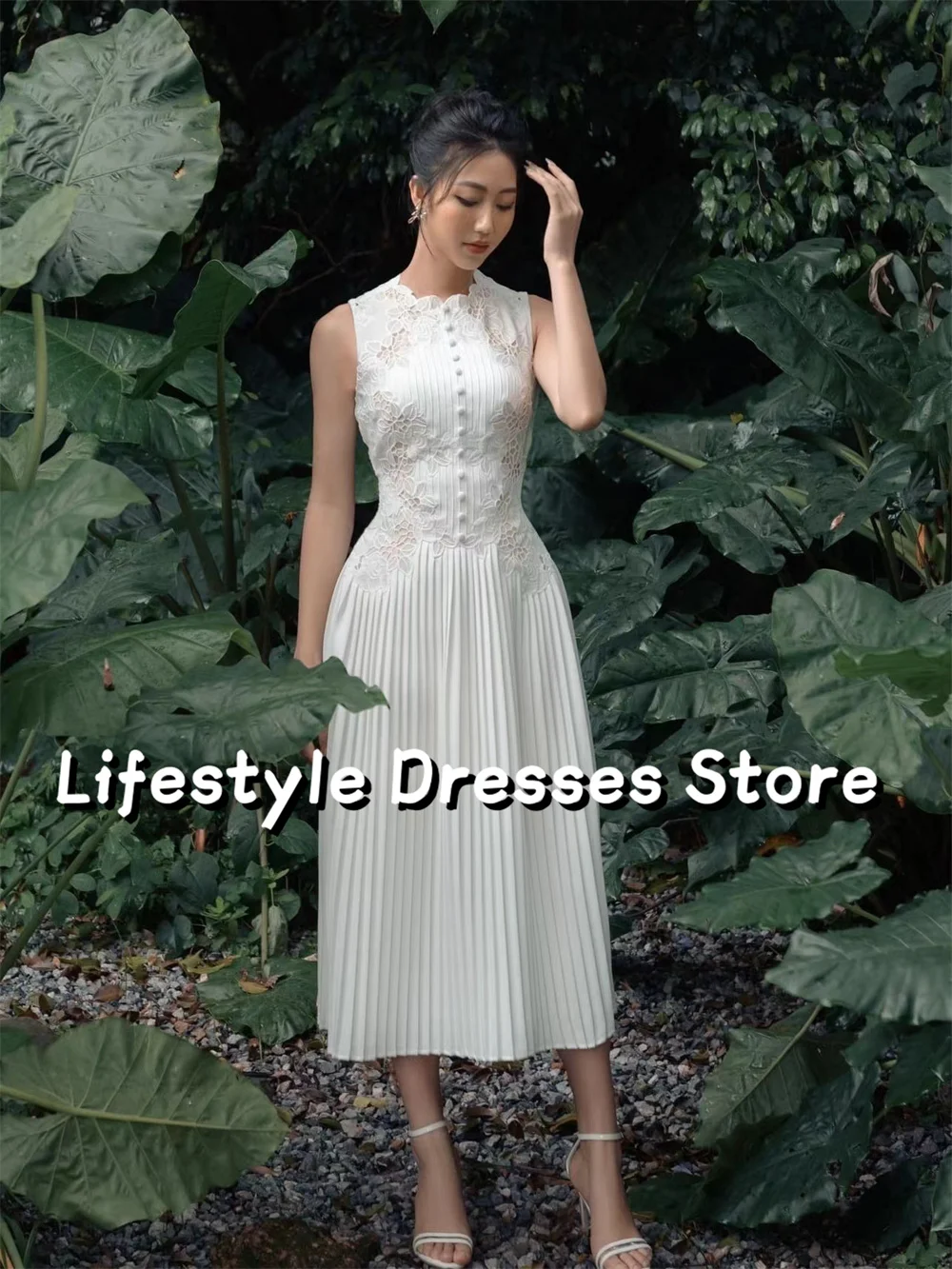 

Sleeveless Chic Evening Dresses Pleated A-Line Floral Buttons Prom Dresses Korea Style Cocktail Dress Woman 2024 Party Gown