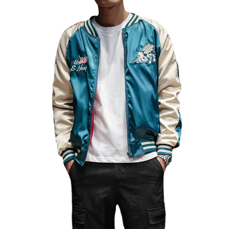 

Two-sided Luxury Embroidered Bomber Jacket Smooth Men's Sukajan Yokosuka Souvenir Jacket Streetwear Hip-hop Baseball Jacket